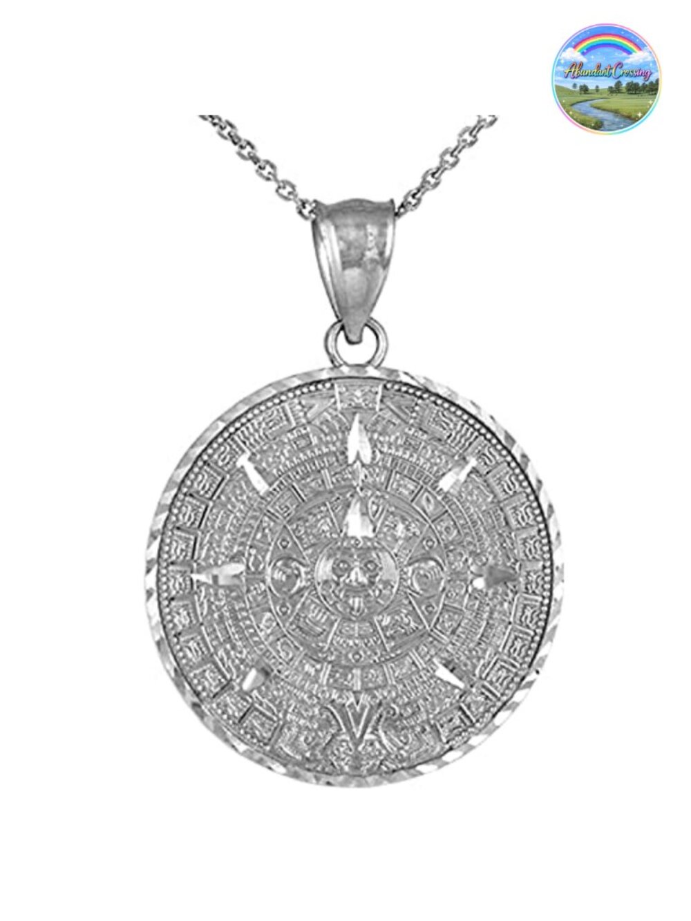 Sterling Silver Round Aztec Mayan Calendar Charm Pendant Necklace Rolo Chain